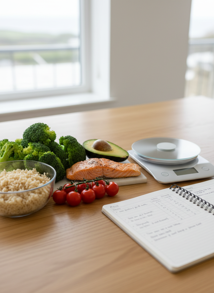 A clean, modern nutrition consultation setup on a light oak table, displaying a carefully arranged selection of whole foods: vibrant green broccoli florets, glossy cherry tomatoes, perfectly sliced avocado, measured portions of brown rice in a glass bowl, and a grilled salmon fillet with a subtle char. Beside them sits a minimalist digital kitchen scale and an open notebook with precise handwritten macros and training notes. Soft overcast natural light from a nearby window creates gentle, even illumination with almost no harsh shadows. Photographic realism captures every texture, from the grain of the wood to droplets on washed greens. Shot from a slightly elevated angle, using the rule of thirds, the composition feels calm, analytical, and professional, ideal for a high-level nutrition coaching brand in Cornwall.