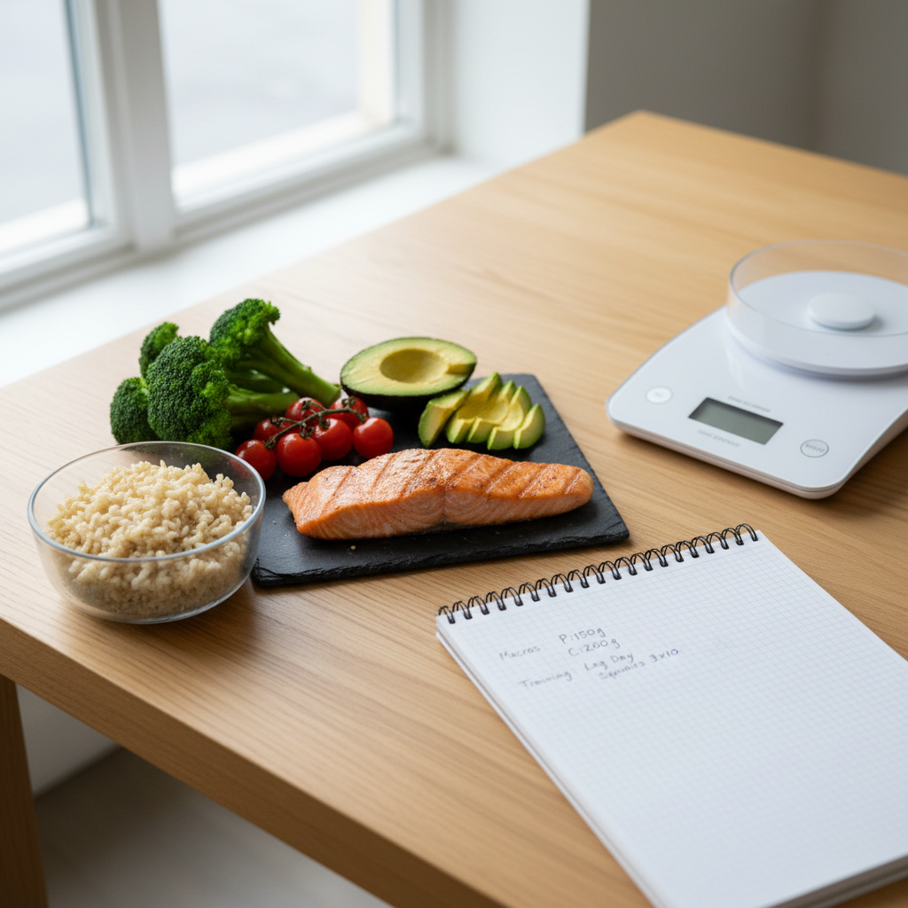 A clean, modern nutrition consultation setup on a light oak table, displaying a carefully arranged selection of whole foods: vibrant green broccoli florets, glossy cherry tomatoes, perfectly sliced avocado, measured portions of brown rice in a glass bowl, and a grilled salmon fillet with a subtle char. Beside them sits a minimalist digital kitchen scale and an open notebook with precise handwritten macros and training notes. Soft overcast natural light from a nearby window creates gentle, even illumination with almost no harsh shadows. Photographic realism captures every texture, from the grain of the wood to droplets on washed greens. Shot from a slightly elevated angle, using the rule of thirds, the composition feels calm, analytical, and professional, ideal for a high-level nutrition coaching brand in Cornwall.
