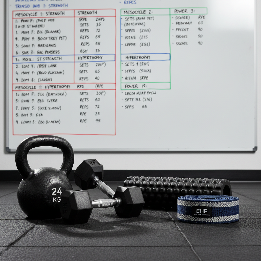 A precisely arranged strength and conditioning layout on a dark rubber gym floor: a textured black kettlebell with weight markings, a pair of hex dumbbells, a foam roller with subtle ridges, and a neatly rolled resistance band in Elite Human Engineering’s signature colors of deep blue and silver. Behind them, a large wall-mounted whiteboard shows a carefully written, periodized training plan in clean handwriting and simple color-coding. Controlled studio-style lighting from the left creates defined, professional shadows and gentle highlights that emphasize form and function. Shot from a low, three-quarter angle in photographic realism, the foreground equipment is in sharp focus while the whiteboard is readable but slightly softened. The atmosphere is disciplined, technical, and data-driven, highlighting evidence-based personal training. 
