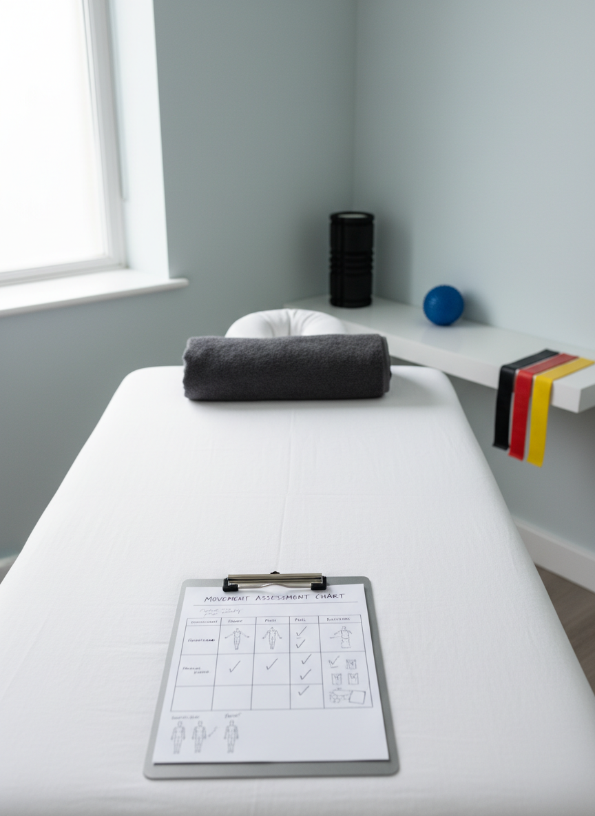 A serene yet precise recovery and assessment space, featuring a neatly made treatment table with a crisp white sheet, a folded dark grey towel, and a carefully placed clipboard displaying a detailed movement assessment chart. To the side, a foam roller, massage ball, and neatly stacked mobility bands sit on a low, matte white shelf. The room has pale, cool-toned walls and a single large window off-frame providing soft, diffused daylight that creates a clean, clinical feel without harshness. Photographic realism captures the textures of fabric, rubber, and paper with clarity. Framed in a wide, eye-level composition with balanced negative space, the environment feels professional, calm, and trustworthy, reinforcing a high-end, holistic coaching approach in Truro, Cornwall.