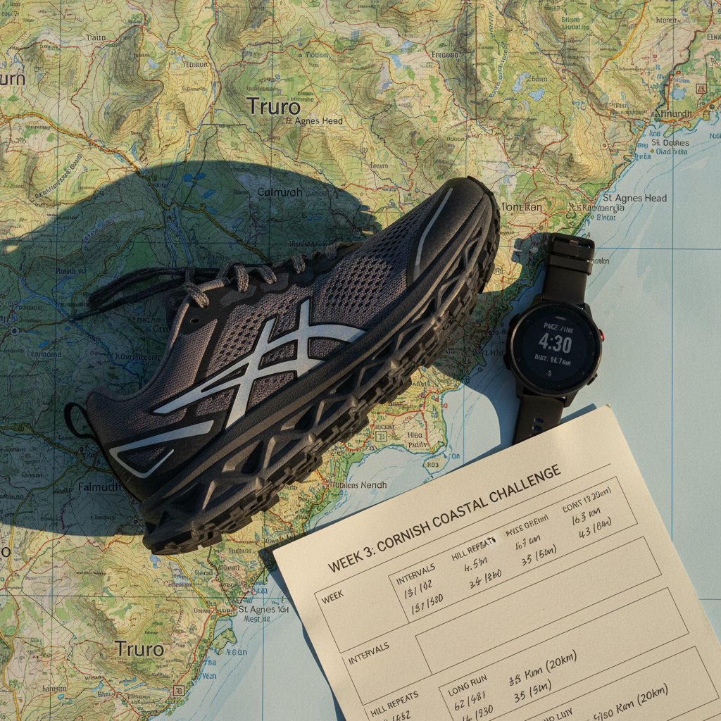 A detailed overhead view of a high-performance running shoe placed on a large, unfolded topographic map of the Cornish coast around Truro. The shoe features breathable charcoal mesh, subtle reflective strips, and a sculpted, cushioned sole with visible tread patterns, suggesting long-distance coaching. Next to it rests a streamlined GPS running watch displaying pace and distance on a sharp digital screen, and a finely printed training plan with clearly marked intervals. Soft golden-hour light falls from the upper left, casting delicate shadows and warm highlights on the shoe and map contours. Photographic realism with crisp focus throughout emphasizes clarity and precision. The mood is purposeful and adventurous, capturing structured run coaching rooted in the unique terrain of Cornwall.