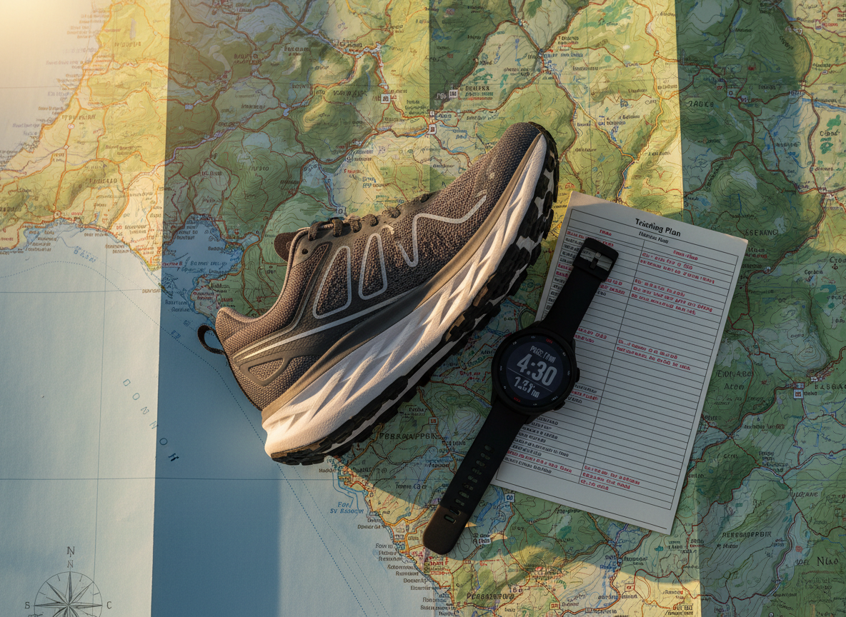 A detailed overhead view of a high-performance running shoe placed on a large, unfolded topographic map of the Cornish coast around Truro. The shoe features breathable charcoal mesh, subtle reflective strips, and a sculpted, cushioned sole with visible tread patterns, suggesting long-distance coaching. Next to it rests a streamlined GPS running watch displaying pace and distance on a sharp digital screen, and a finely printed training plan with clearly marked intervals. Soft golden-hour light falls from the upper left, casting delicate shadows and warm highlights on the shoe and map contours. Photographic realism with crisp focus throughout emphasizes clarity and precision. The mood is purposeful and adventurous, capturing structured run coaching rooted in the unique terrain of Cornwall.