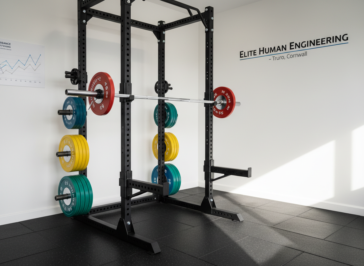 A meticulously organized personal training studio corner, featuring a matte black squat rack, neatly stacked color-coded bumper plates, and a polished chrome barbell resting perfectly centered on J-hooks. The equipment stands on pristine dark rubber flooring with subtle texture, bordered by a clean white wall displaying a minimalist performance chart and a sleek logo reading “Elite Human Engineering – Truro, Cornwall.” Soft, diffused daylight enters from an unseen window to the right, casting gentle, directional shadows and subtle highlights on the metal surfaces. Shot at eye level with photographic realism and a medium depth of field, the background softly blurs to emphasize the equipment. The mood is professional, focused, and high-end, conveying precision and elite performance coaching without visual clutter.