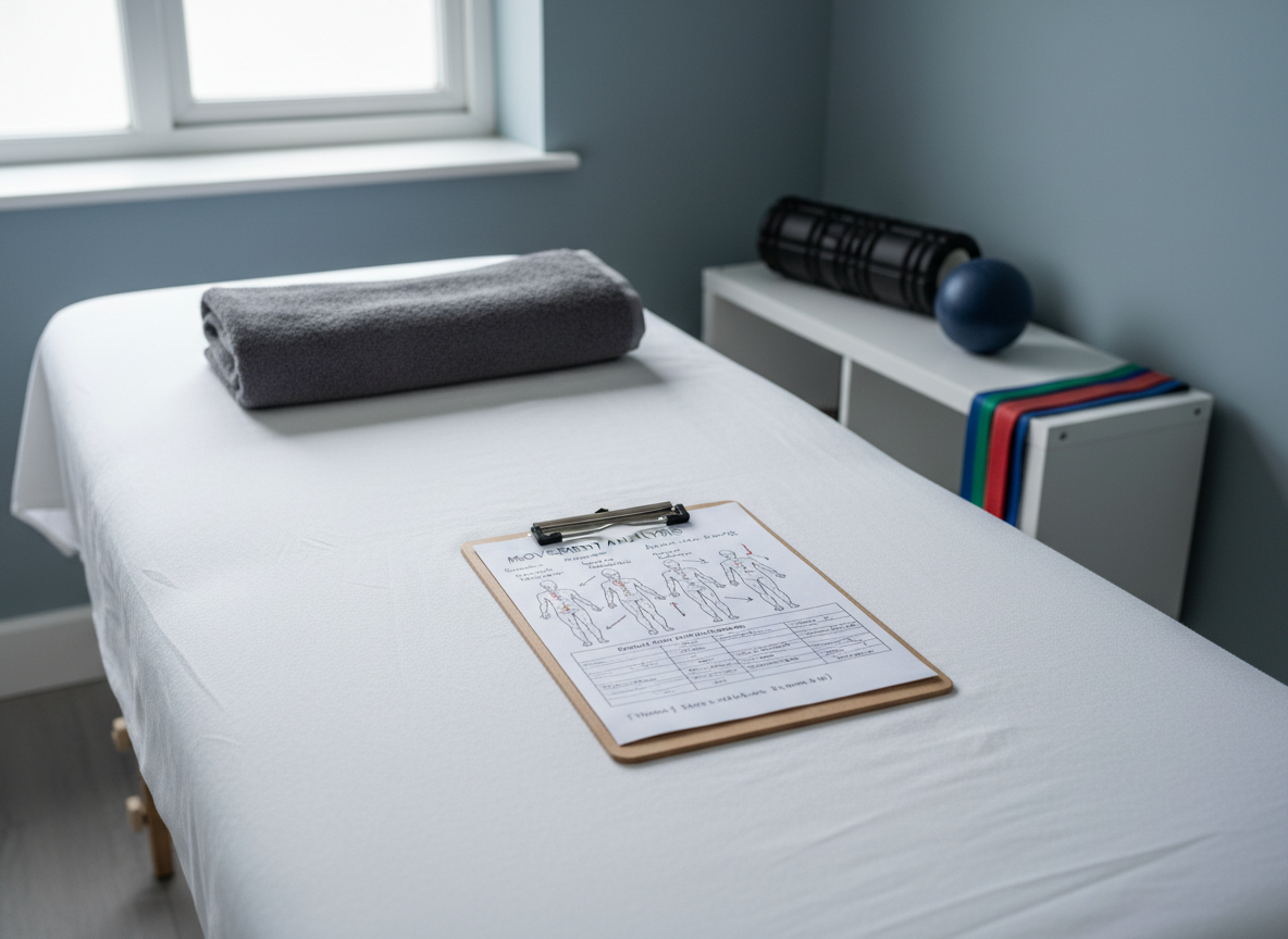 A serene yet precise recovery and assessment space, featuring a neatly made treatment table with a crisp white sheet, a folded dark grey towel, and a carefully placed clipboard displaying a detailed movement assessment chart. To the side, a foam roller, massage ball, and neatly stacked mobility bands sit on a low, matte white shelf. The room has pale, cool-toned walls and a single large window off-frame providing soft, diffused daylight that creates a clean, clinical feel without harshness. Photographic realism captures the textures of fabric, rubber, and paper with clarity. Framed in a wide, eye-level composition with balanced negative space, the environment feels professional, calm, and trustworthy, reinforcing a high-end, holistic coaching approach in Truro, Cornwall.