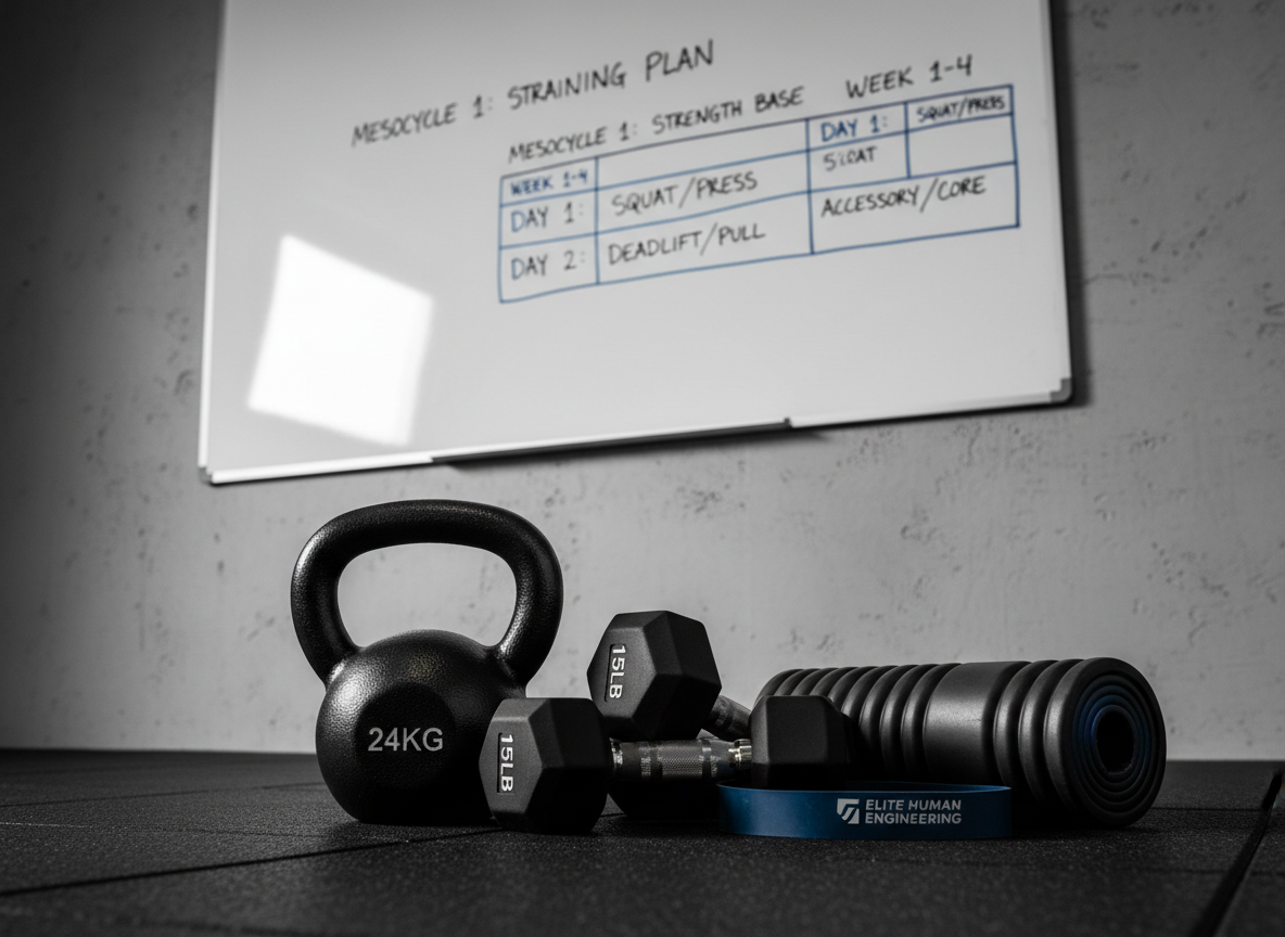 A precisely arranged strength and conditioning layout on a dark rubber gym floor: a textured black kettlebell with weight markings, a pair of hex dumbbells, a foam roller with subtle ridges, and a neatly rolled resistance band in Elite Human Engineering’s signature colors of deep blue and silver. Behind them, a large wall-mounted whiteboard shows a carefully written, periodized training plan in clean handwriting and simple color-coding. Controlled studio-style lighting from the left creates defined, professional shadows and gentle highlights that emphasize form and function. Shot from a low, three-quarter angle in photographic realism, the foreground equipment is in sharp focus while the whiteboard is readable but slightly softened. The atmosphere is disciplined, technical, and data-driven, highlighting evidence-based personal training. 