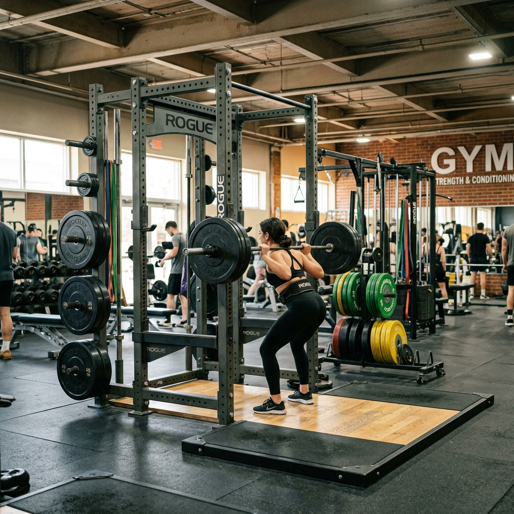 Woman squatting with barbell on shoulders in gym