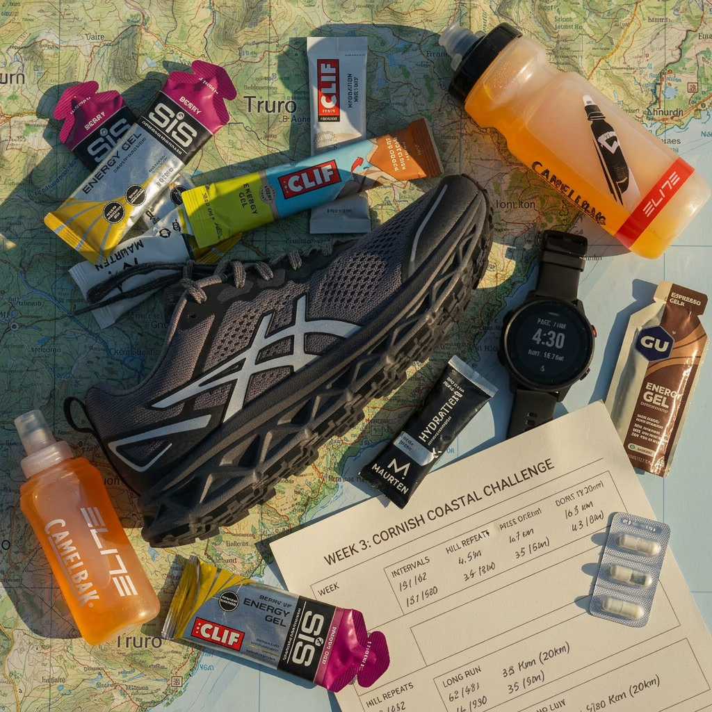 personal training A detailed overhead view of a high-performance running shoe placed on a large, unfolded topographic map of the Cornish coast around Truro. The shoe features breathable charcoal mesh, subtle reflective strips, and a sculpted, cushioned sole with visible tread patterns, suggesting long-distance coaching. Next to it rests a streamlined GPS running watch displaying pace and distance on a sharp digital screen, and a finely printed training plan with clearly marked intervals. Soft golden-hour light falls from the upper left, casting delicate shadows and warm highlights on the shoe and map contours. Photographic realism with crisp focus throughout emphasizes clarity and precision. The mood is purposeful and adventurous, capturing structured run coaching rooted in the unique terrain of Cornwall.